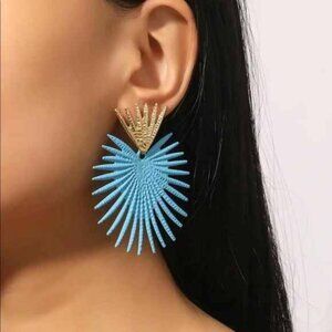 “Radiance” Baby Blue Gold Heart Crown Sunburst Beam Ray Regal Royal Earring